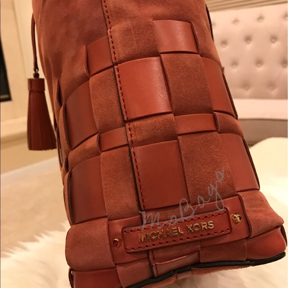 Michael Kors VIVIAN Woven Suede Hobo Shoulder Bag Cinnamon Red